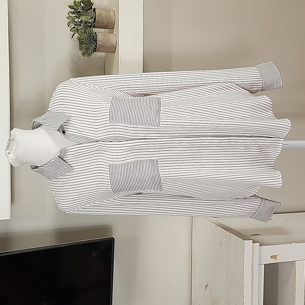 White House Black Market White and Black Pinstripe Button-Up Blouse